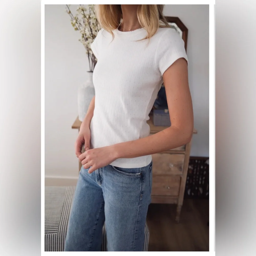 Marea by Liz Joy Classic White Pointelle Crewneck Tee Size L - Picture 4 of 4